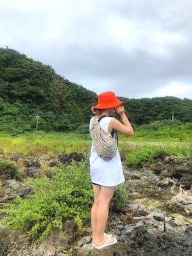 「アイテム（サンバイザー、オレンジ系）」を使った、修！さん（レディース・153cm）の夏コーディネート