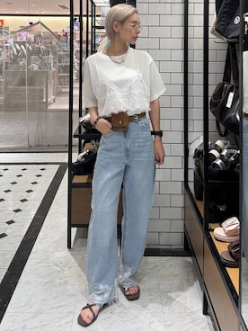 「LOWRYS FARM（ローリーズファーム）のレースデニム　601055（デニムパンツ、ブルー系）」を使った、Marikaさん（レディース・153cm）の夏コーディネート