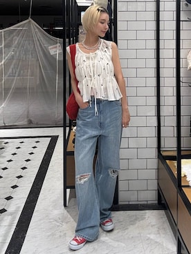 「LOWRYS FARM（ローリーズファーム）のワイドストレートデニムパンツ　607883（デニムパンツ、ブルー系）」を使った、Marikaさん（レディース・153cm）の夏コーディネート