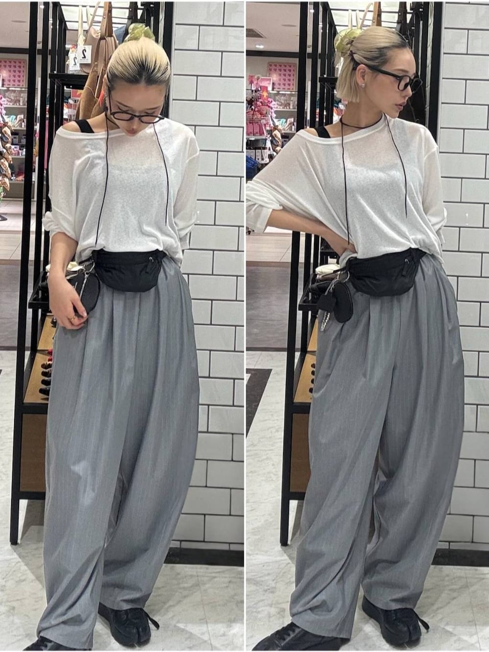 グレー系のその他パンツ、ホワイト系のTシャツ/カットソー、ブラック系のボディバッグ/ウエストポーチを着用したレディースの春コーディネートの1枚目の写真