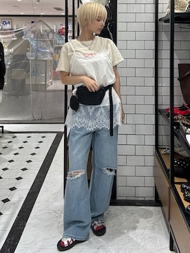 「LOWRYS FARM（ローリーズファーム）のワイドストレートデニムパンツ　607883（デニムパンツ、ブルー系）」を使った、Marikaさん（レディース・153cm）の春コーディネート