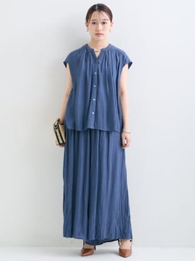 「nissen（ニッセン）の小さいサイズ　楊柳フレンチスリーブブラウス　低身長さん・小柄女性（シャツ/ブラウス、ブルー系）」を使った、nissen Petit Modelsさん（レディース・152cm）の春コーディネート