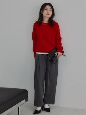 「nissen（ニッセン）の小さいサイズ　ポンチクロスタックパンツ　低身長さん・小柄女性（Pants、グレー系）」を使った、nissen Petit Modelsさん（レディース・153cm）の秋コーディネート