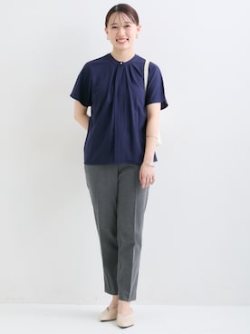 「nissen（ニッセン）の小さいサイズ　2WAYスキッパーフレンチスリーブブラウス　低身長さん・小柄女性（シャツ/ブラウス、ブルー系）」を使った、nissen Petit Modelsさん（レディース・152cm）の春コーディネート