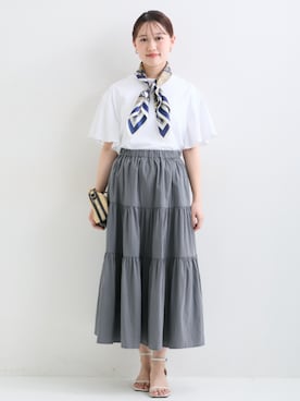 「Petitjo（プッチージョ）の小さいサイズ　3段ティアードスカート　低身長さん・小柄女性（スカート、グレー系）」を使った、nissen Petit Modelsさん（レディース・152cm）の春コーディネート