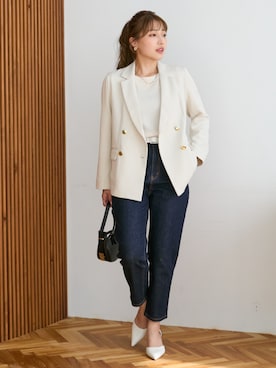 「nissen（ニッセン）の小さいサイズ　ダブルテーラードジャケット　低身長さん・小柄女性（テーラードジャケット）」を使った、nissen Petit Modelsさん（レディース・152cm）の秋コーディネート