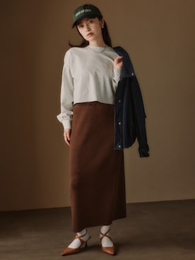 「nissen（ニッセン）の小さいサイズ　リブニットスカート　低身長さん・小柄女性（Skirts、ブラウン系）」を使った、nissen Petit Modelsさん（レディース・153cm）の秋コーディネート