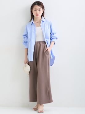 「nissen（ニッセン）の【4月9日 PM12時より販売開始】小さいサイズ　【cahoさんコラボ】オーバーサイズシャツ　低身長さん・小柄女性（シャツ/ブラウス、ブルー系）」を使った、nissen Petit Modelsさん（レディース・152cm）の春コーディネート