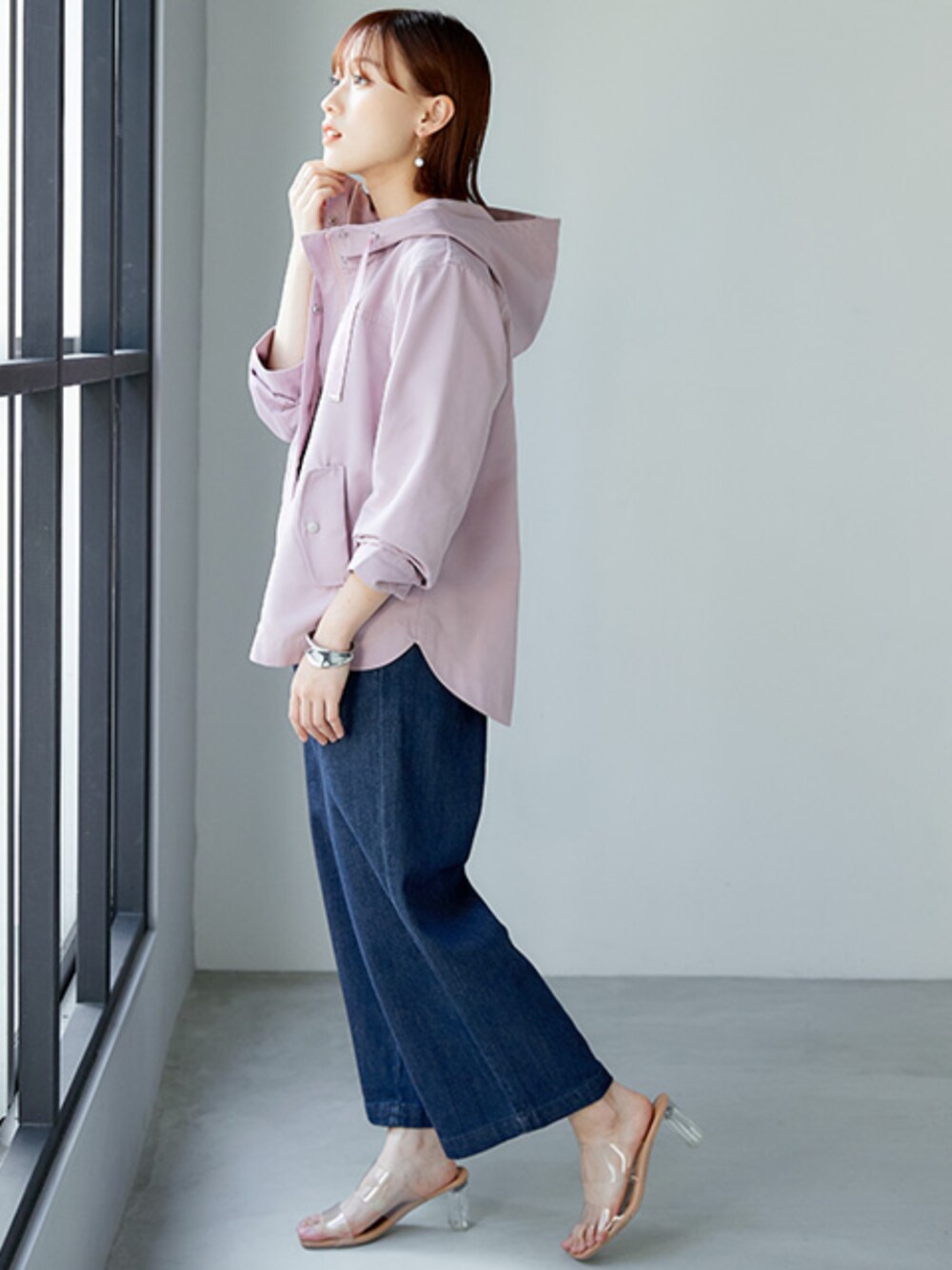 「低身長、低身長レディースファッション、身長147-149cm、レギュラー、モデル、プッチージョ、Petitjo、春コーデ、きれいめカジュアル、春コート、マウンパ、マウンテンパーカー、ワイドパンツ」｜「nissenの小さいサイズ　マウンテンパーカー　低身長さん・小柄女性（モッズコート、ピンク系）」を使った、nissen Petit Modelsさん（レディース・149cm）の冬コーディネートの1枚目の写真