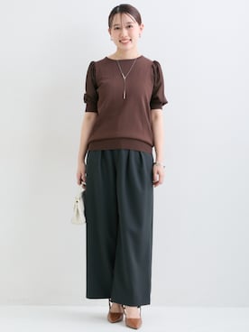 「nissen（ニッセン）の小さいサイズ　袖シフォンニットプルオーバー　低身長さん・小柄女性（ニット/セーター、ブラウン系）」を使った、nissen Petit Modelsさん（レディース・152cm）の春コーディネート