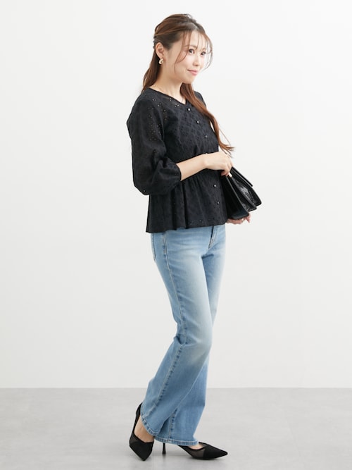 小さいサイズ 綿100％透かし刺繍Vネックペプラムブラウス 低身長
