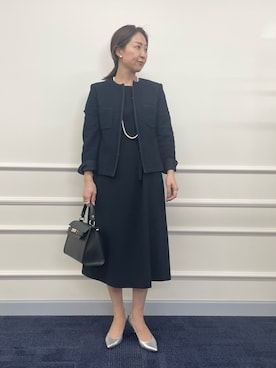 「ネイビーコーデ」｜「アイテム（ノーカラージャケット）」を使った、ISHIDAさん（レディース・158cm）の冬コーディネート