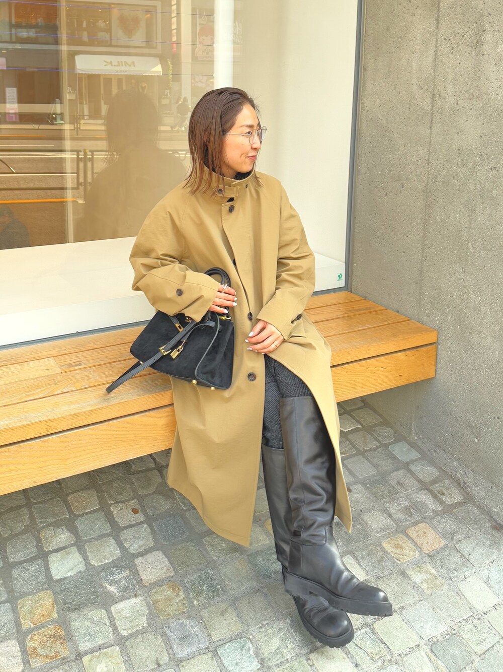 「バルマカーンコート、バルマカーン、トレンチコート、トレンチ、春コーデ、春、春夏コーデ、春アウター、春色、春服」｜「NOLLEY’SのNMPバルマカーンコート（ダッフルコート、ベージュ系）」を使った、ISHIDAさん（レディース・158cm）の冬コーディネートの1枚目の写真