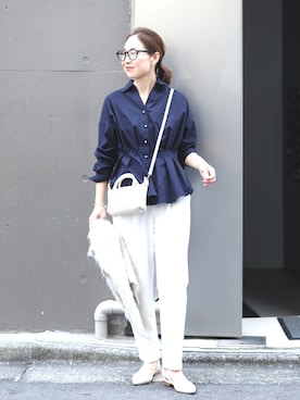 「NOLLEY’S（ノーリーズ）の【一部店舗限定色アイテム】【GOODS BUYER 石田別注カラー】ストレッチタフタスキッパータックシャツ（シャツ/ブラウス、ブルー系）」を使った、ISHIDAさん（レディース・158cm）の夏コーディネート