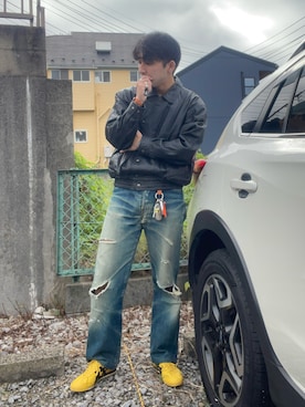 「アイテム（ライダースジャケット）」を使った、ししまるさん（メンズ・173cm）の秋コーディネート
