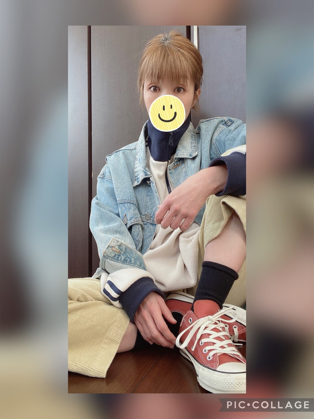 「今日のコーデ、converse、春コーデ、Gジャン、コーデュロイパンツ」｜「H&MのH&M - プリントデニムジャケット - ブルー（デニムジャケット、ブルー系）」を使った、amu1002さん（レディース・159cm）の春コーディネートの1枚目の写真