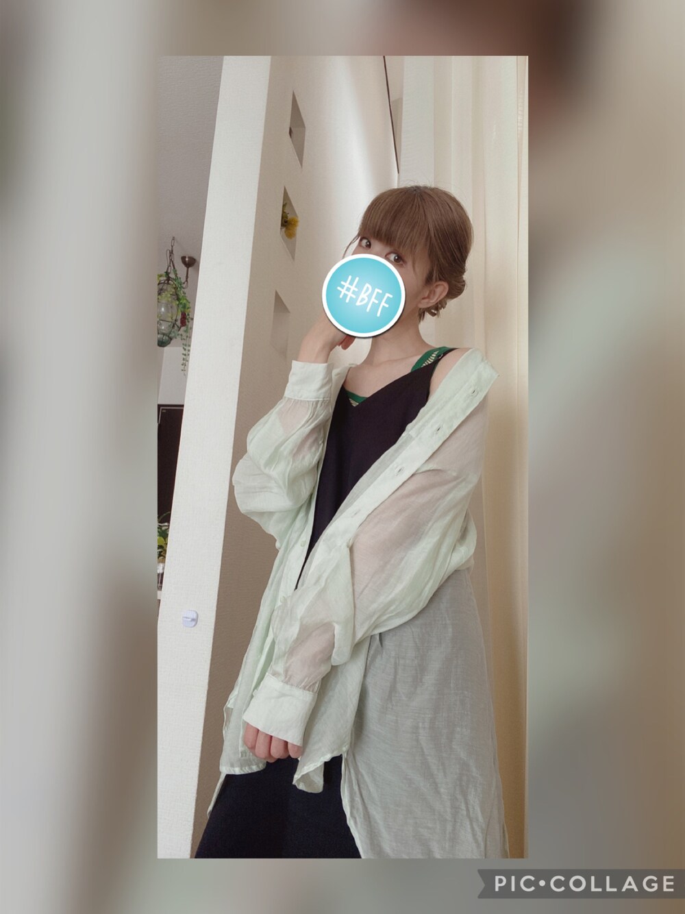 「夏ファッション、休日コーデ、スカートスタイル、ママファッション、おしゃれさんと繋がりたい、シアートップス」｜「AMERICAN HOLICのアイテム（シャツ/ブラウス、グリーン系）」を使った、amu1002さん（レディース・159cm）の夏コーディネートの1枚目の写真