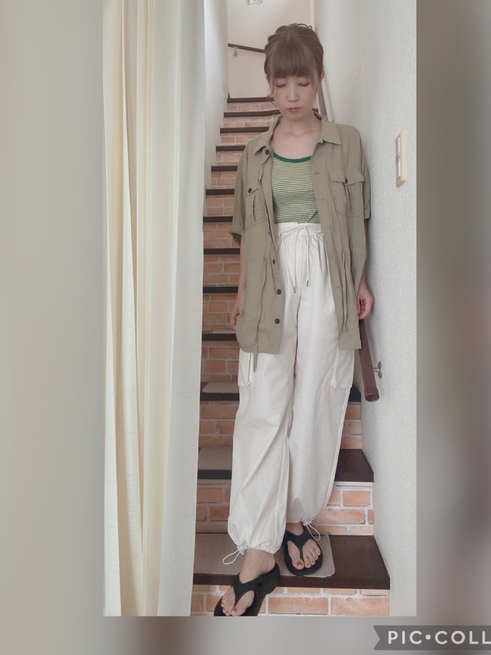 「カジュアルコーデ、ナイロンパンツ、オトナ女子、ママファッション、プチプラ、タンクトップ」｜「LOWRYS FARMのボーダーパイピングタンク　939582（タンクトップ、グリーン系）」を使った、amu1002さん（レディース・159cm）の夏コーディネートの1枚目の写真