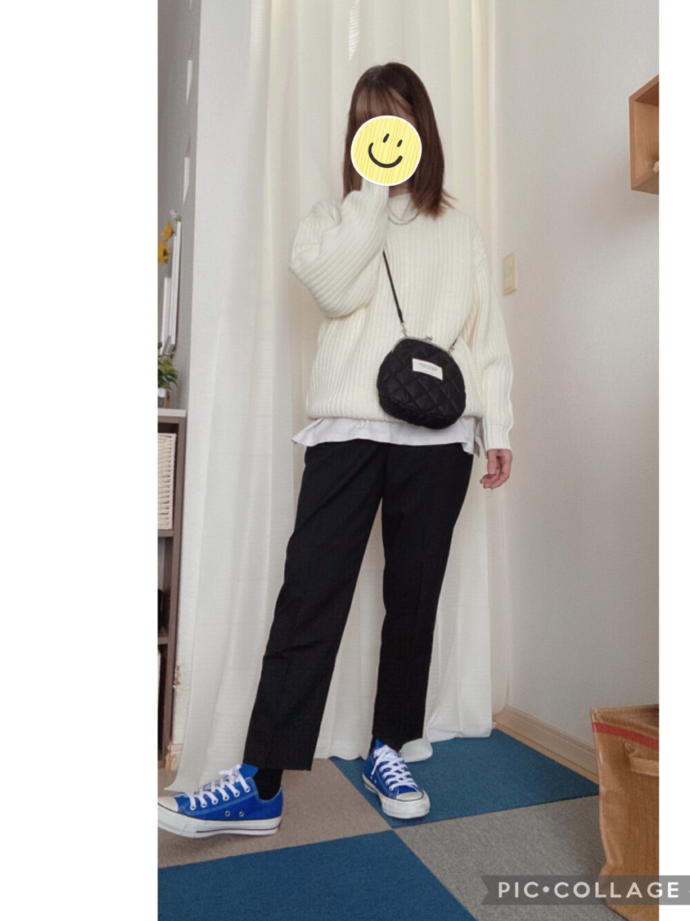 「カジュアル、ラクチンコーデ、シンプル、おしゃれさんと繋がりたい、スニーカー」｜「beautiful peopleのアイテム（ショルダーバッグ、ブラック系）」を使った、amu1002さん（レディース・159cm）の冬コーディネートの1枚目の写真