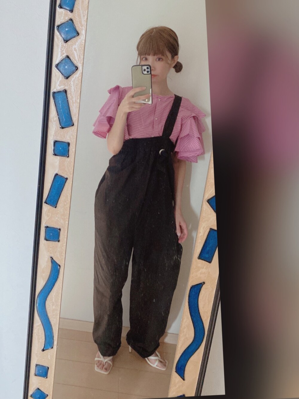 「楽チンコーデ、大人かわいい、ナイロンパンツ、ママファッション、サロペット、いいね、save、フォローお願いします🤑、おしゃれさんと繋がりたい」｜「CIAOPANIC TYPYのアイテム（シャツ/ブラウス、ピンク系）」を使った、amu1002さん（レディース・159cm）の夏コーディネートの1枚目の写真