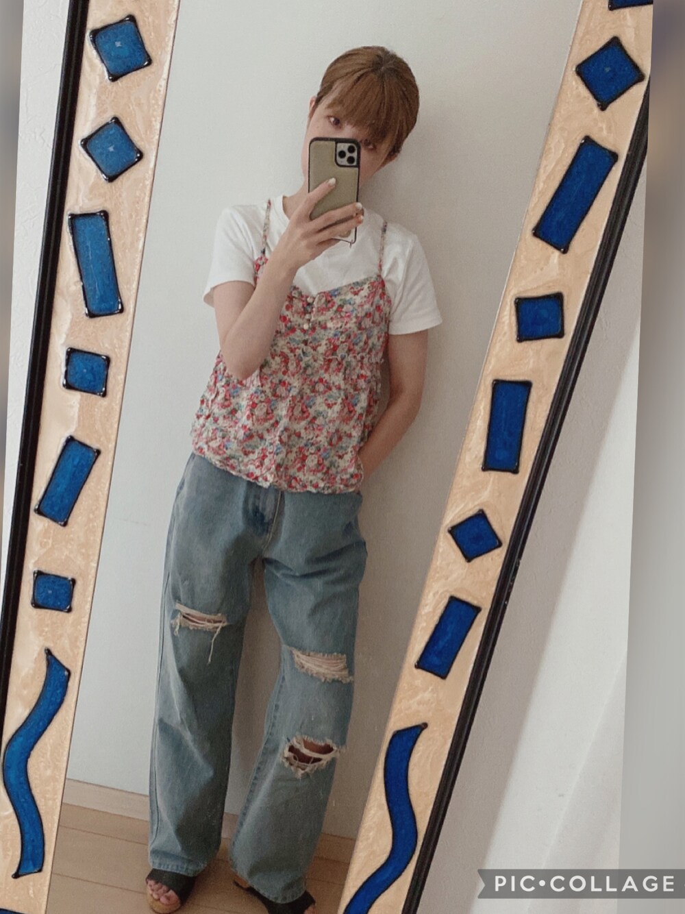 「お洒落さんとつながりたい、今日のコーデ、楽チンコーデ、ママファッション、白Tシャツ」｜「GORGEのGORGE / クラッシュテーパードデニム（デニムパンツ、ブルー系）」を使った、amu1002さん（レディース・159cm）の夏コーディネートの1枚目の写真