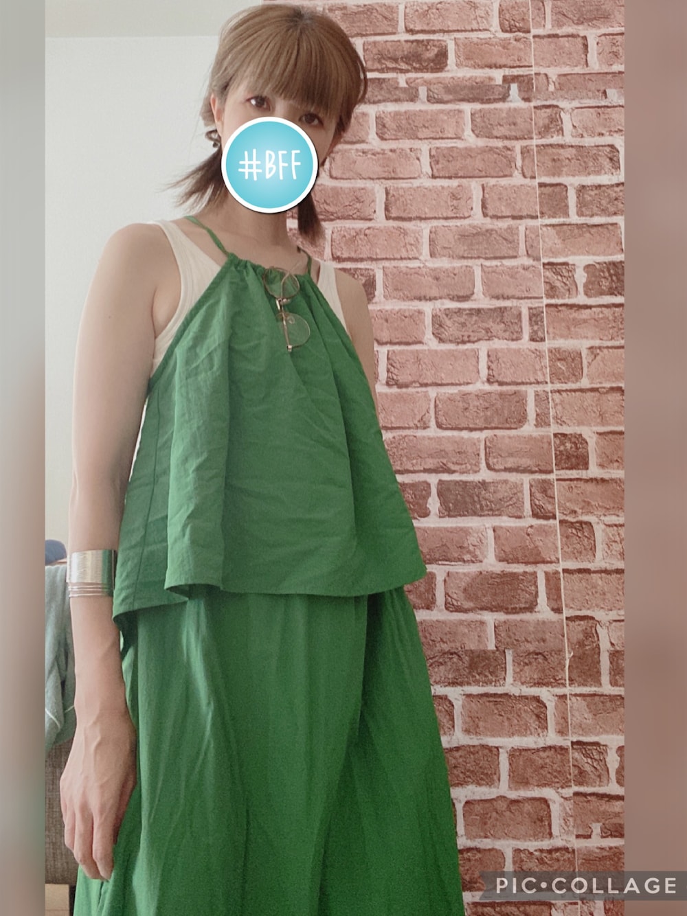 「夏服、ノースリーブ、シンプル、大人女子、ママコーデ」｜「MOUSSYのLAYERED CAMI ドレス（ワンピース、グリーン系）」を使った、amu1002さん（レディース・159cm）の夏コーディネートの1枚目の写真