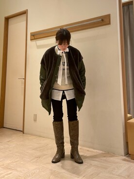 「ボウタイブラウス」｜「アイテム（ダウンジャケット/コート）」を使った、ほこさん（レディース・158cm）の冬コーディネート