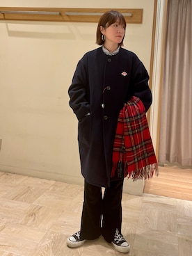 「ネイビー」｜「アイテム（ノーカラーコート）」を使った、ほこさん（レディース・158cm）の冬コーディネート