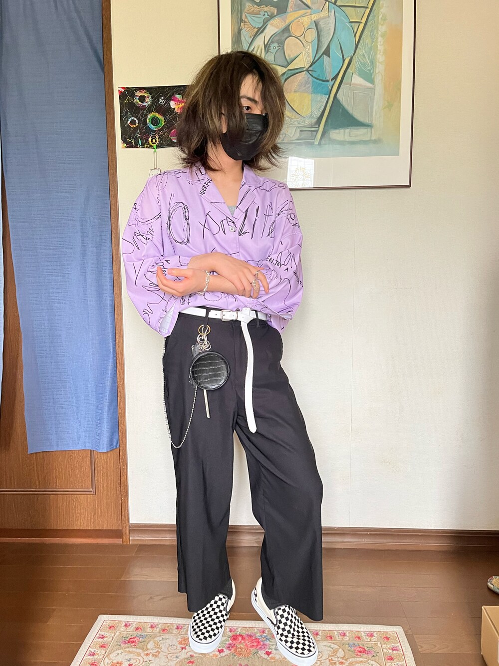 「unrelaxingのアイテム（シャツ/ブラウス、パープル系）」を使った、death666ttさん（メンズ・160cm）の夏コーディネートの1枚目の写真
