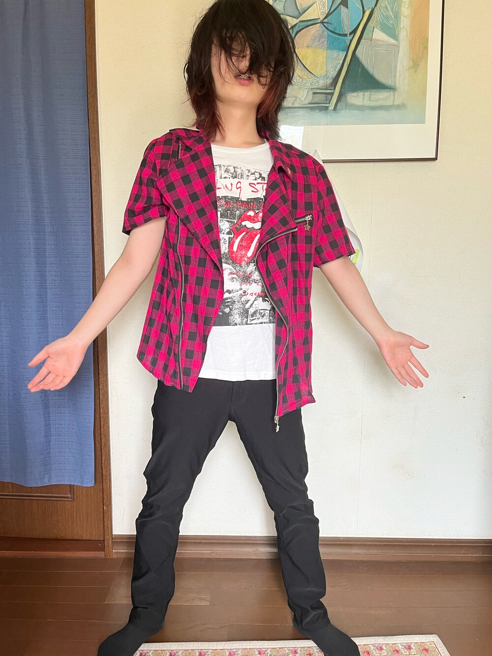 「SUPER LOVERSのアイテム（シャツ/ブラウス、ピンク系）」を使った、death666ttさん（メンズ・160cm）の夏コーディネートの1枚目の写真