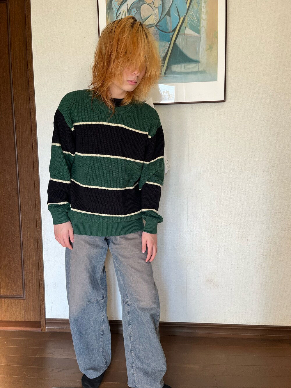 「GUのアイテム（ニット/セーター、グリーン系）」を使った、death666ttさん（メンズ・160cm）の冬コーディネートの1枚目の写真