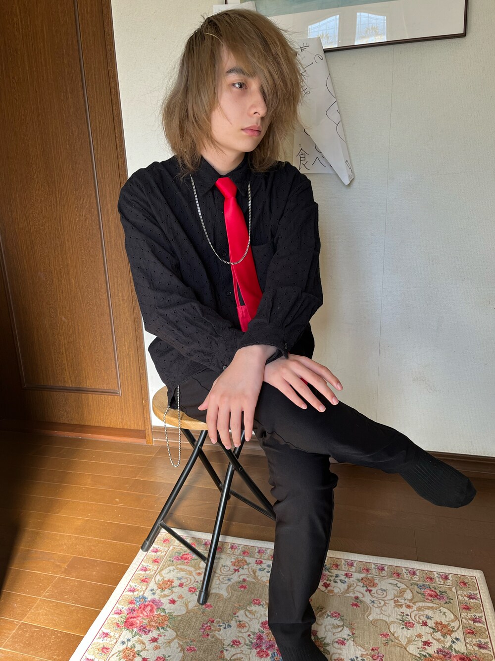 「GUのアイテム（シャツ/ブラウス、ブラック系）」を使った、death666ttさん（メンズ・160cm）の春コーディネートの1枚目の写真