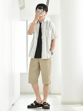 「ikka（イッカ）の【MonoMax × 小泉孝太郎】冷感パナマレギュラーカラー半袖シャツ「小泉孝太郎さん着用モデル」（シャツ/ブラウス、ホワイト系）」を使った、y_Oさん（メンズ・168cm）の夏コーディネート