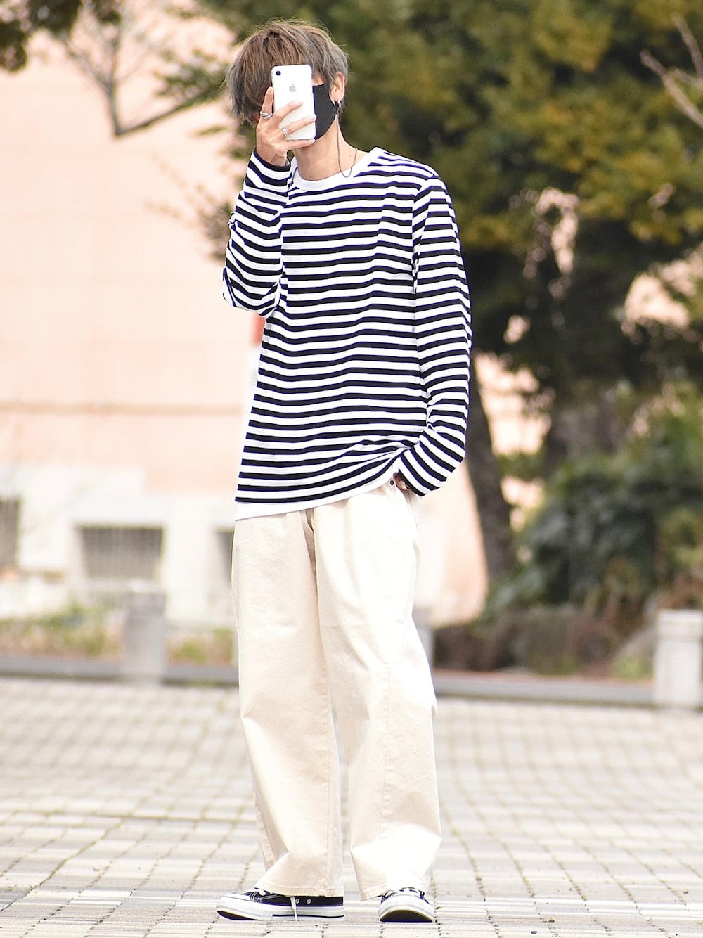 「agnesb、アニエスベー、アニエスベーTシャツ、カラー×コーデ、春コーデ、ボーダー、Lee、lee、leejapan、オトナカジュアル、きれいめカジュアル、フリージー、イージーパンツ、R2022コーデ、PR」｜「agnes b.のJ008 TS ボーダーTシャツ（Tシャツ/カットソー、ブラック系）」を使った、y_Oさん（メンズ・168cm）の春コーディネートの1枚目の写真