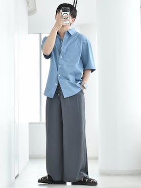「GU（ジーユー）のアイテム（シャツ/ブラウス、ブルー系）」を使った、y_Oさん（メンズ・168cm）の夏コーディネート
