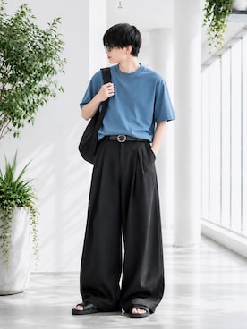 「SBG（エスビー）のSBG 2タックワイドスラックス（スラックス、ブラック系）」を使った、y_Oさん（メンズ・168cm）の夏コーディネート