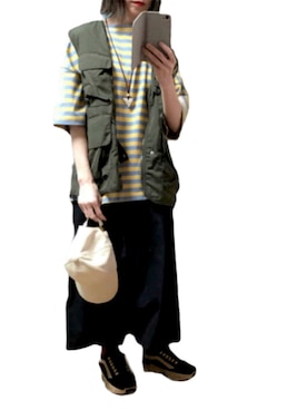 「Chaco closet（チャコ クローゼット）のオーバーサイズ ボーダー半袖Tシャツ（Tシャツ/カットソー）」を使った、ゆぅきさん（レディース・155cm）の夏コーディネート