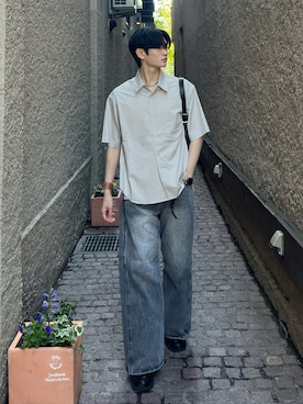 「WYM LIDNM（ウィム バイ リドム）のEMBOSSED SOFT GLOW SHOULDER BAG（ショルダーバッグ）」を使った、ゆーたさん（メンズ・180cm）の夏コーディネート