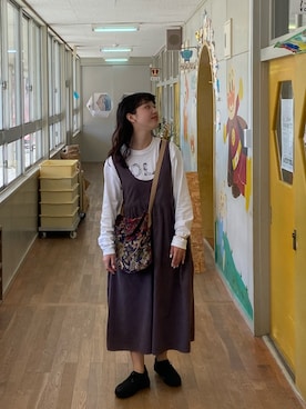 「古着好きな人と繋がりたい」｜「アイテム（ジャンパースカート）」を使った、ﾆ ｼ ﾜ ｷ  ｼ ﾎさん（レディース・158cm）の秋コーディネート