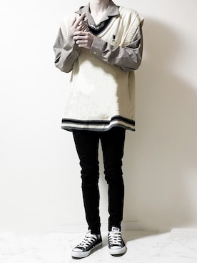 「アイテム（ベスト、ホワイト系）」を使った、Junya..さん（メンズ・173cm）の春コーディネート