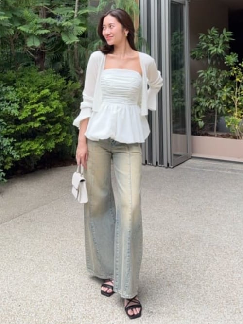 フロントボタンデザインハイウエストデニムパンツ　夏服