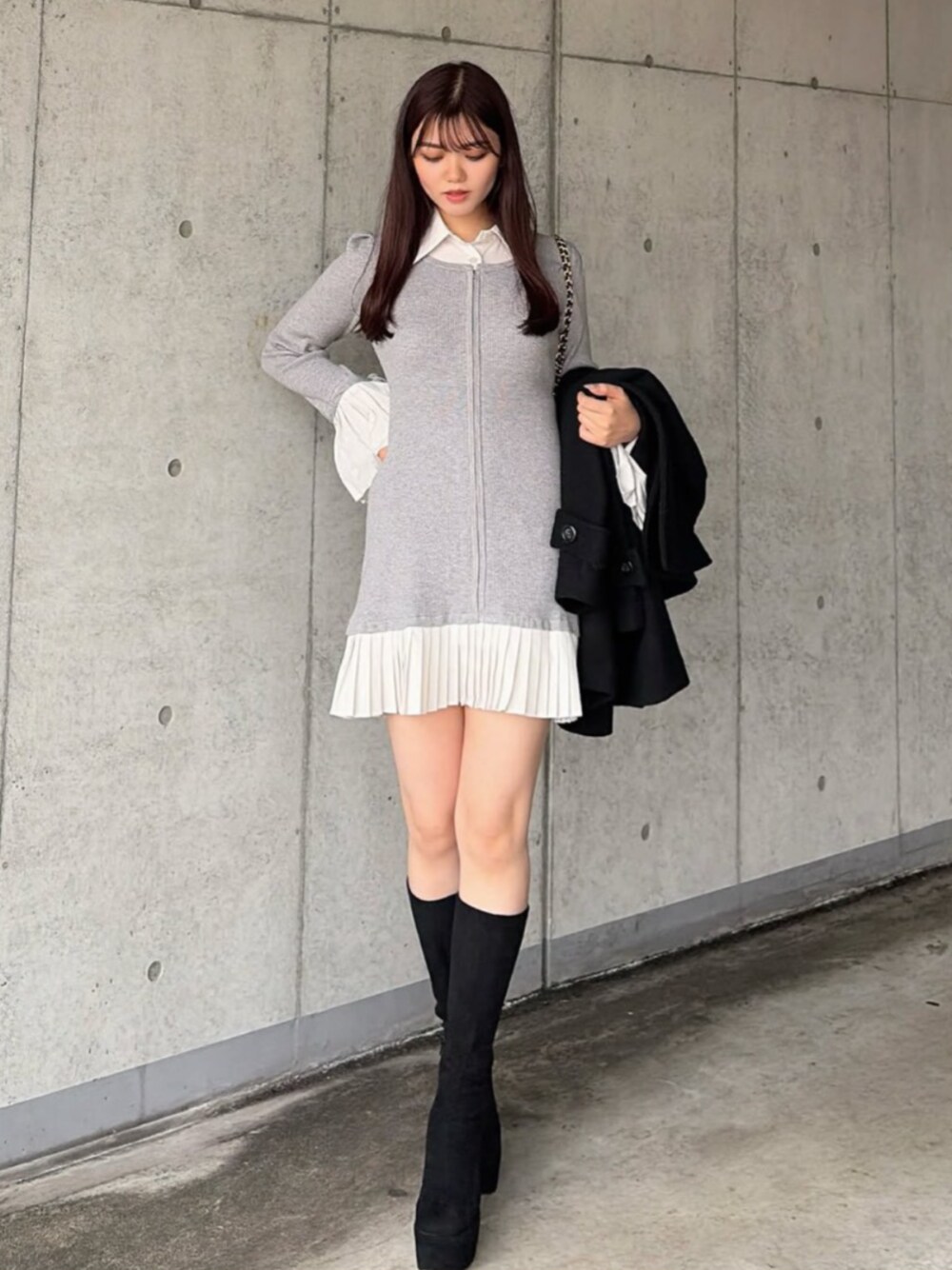 レイヤードパターンシャツニットミニワンピース 秋服 冬服を使った人気