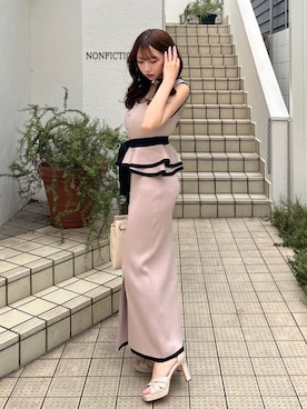 「rienda（リエンダ）のノースリ配色ペプラムタイトニットワンピース　夏服（ワンピース、ベージュ系）」を使った、riendaofficialさん（レディース・154cm）の夏コーディネート