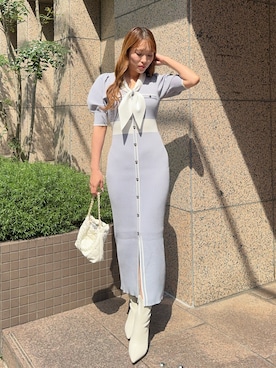 「rienda（リエンダ）の【森香澄さん着用】バイカラーパフスリーブタイトニットワンピース 春服 夏服（ワンピース、ブルー系）」を使った、riendaofficialさん（レディース・154cm）の春コーディネート