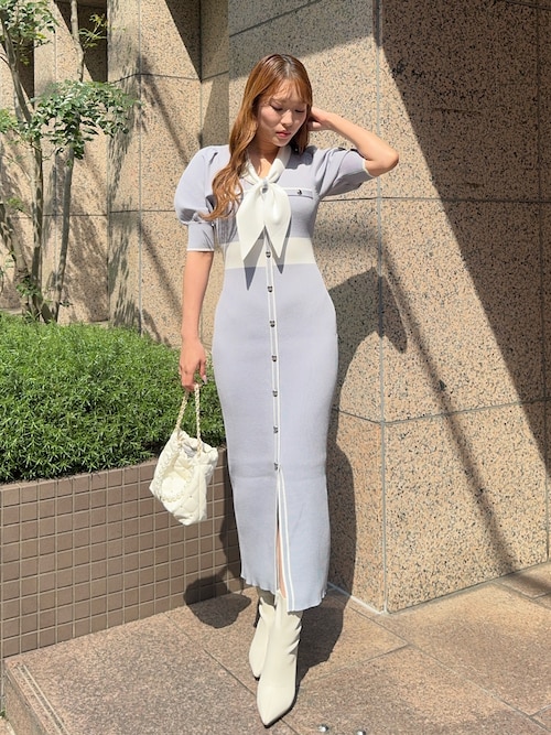 森香澄さん着用】バイカラーパフスリーブタイトニットワンピース 春服