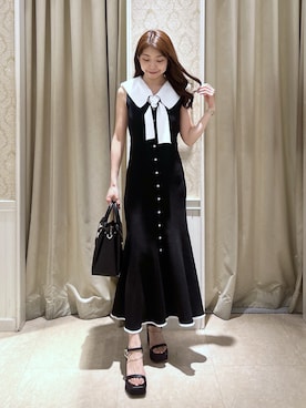 「rienda（リエンダ）のセーラーカラーニットマーメイドワンピース　春服　夏服（ワンピース、ブラック系）」を使った、riendaofficialさん（レディース・154cm）の夏コーディネート