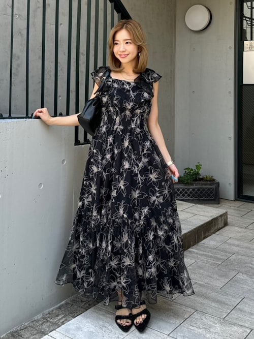 rienda エンブロイダリーチュールフレア　ロングワンピース rienda | 【AKB48 平田侑希さん着用】エンブロイダリーチュール