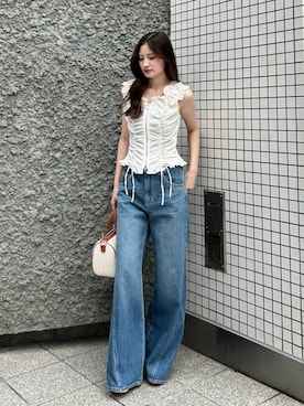 「rienda（リエンダ）のフロントジップノースリブラウス 夏服（シャツ/ブラウス、ホワイト系）」を使った、riendaofficialさん（レディース・154cm）の夏コーディネート