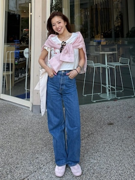 「rienda（リエンダ）のアシンメトリーストライプシャツ春服 夏服（シャツ/ブラウス、ピンク系）」を使った、riendaofficialさん（レディース・157cm）の春コーディネート