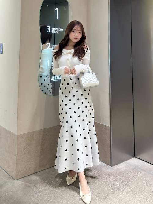 セール】リボンデザインドットニットワンピース 春服（ワンピース